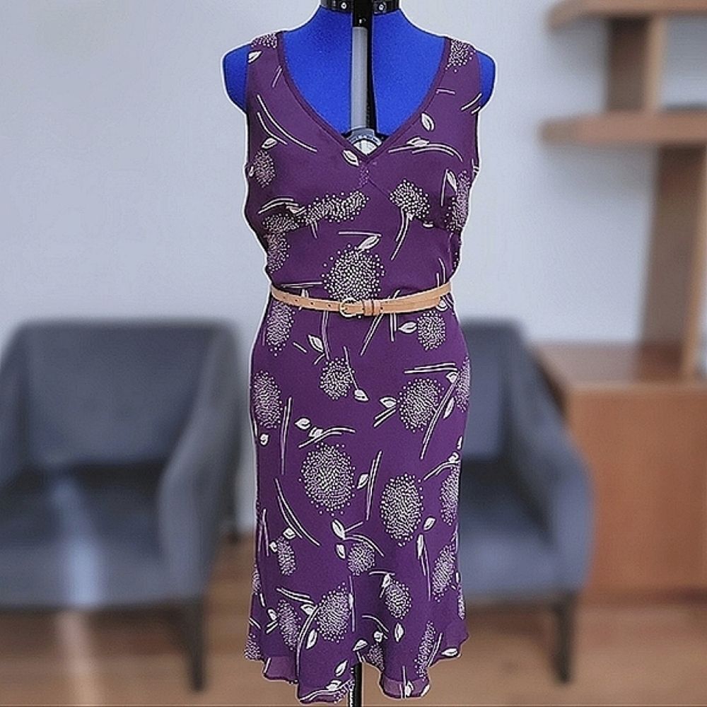 Vtg Y2K plum silk chiffon floral print sleeveless midi dress
